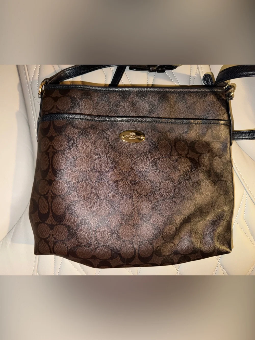 Coach Brown Signature Canvas Messenger Bag with Black Trim